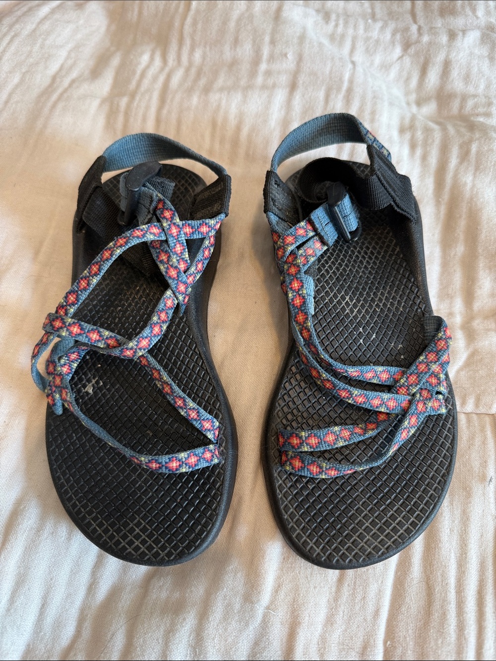Chaco Women’s Black Sandals with Pink and Orange Patterned Straps
